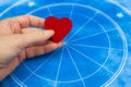 Woman hand keeping a red heart over blue horoscope like astrology, zodiac and love concept Royalty Free Stock Photo