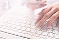 Woman hand on laptop computer, Selective focus, Online shopping Royalty Free Stock Photo