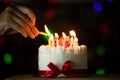 Woman hand lighting candle on birthday cake