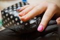 Woman hand made blue and pink manicure step by step Royalty Free Stock Photo