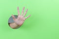 Woman hand making stop palm gesture sign through a hole in green color paper background