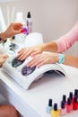 Woman hand on manicure treatment in beauty salon. Beauty parlour Royalty Free Stock Photo