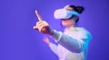 Woman hand for metaverse, virtual reality glasses and gaming for futuristic, cyber and 3d world. Gamer person finger for