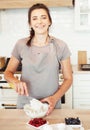 Woman Hand Mixed Batter on Clear Bowl with Baloon Whisk Step by Step Baking Preparation in the Kitchen Royalty Free Stock Photo