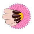 Woman hand with nice manicure and flower.