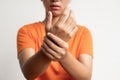 Woman hand with numbness and pain in the palm of the hand has pain and tingling in the nerve endings. which is a side effect of Royalty Free Stock Photo