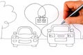 Woman hand with pen drawing picture with Two electric cars in love ready to charging