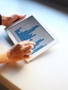 Woman hand pointing at touchscreen with business graph