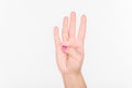 Woman Hand With Polish Nails Show Four Fingers. White Bakcground.