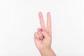 Woman Hand With Polish Nails Show Two Fingers. White Background.