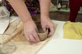 Woman hand potter making clay cup in pottery workshop studio. Process of creating ceramic mug. Handmade, hobby art and Royalty Free Stock Photo