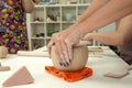 Woman hand potter making clay cup in pottery workshop studio. Process of creating ceramic mug. Handmade, hobby art and Royalty Free Stock Photo