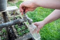 Woman hand pouring water in a plastic bottle Royalty Free Stock Photo