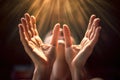 woman hand prayer to god rays of grace sun light generative ai Royalty Free Stock Photo