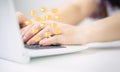 Woman hand pressing computer keyboard concept Hand chat on portable computer social media