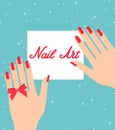 Woman hand with red fingernails. Gift certificate for a nail sal