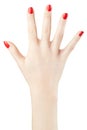 Woman hand with red nail polish raised up