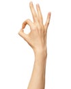 Woman hand show sign ok or okey. Beautiful elegant female hand show gesture finger fine on isolated white