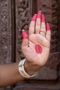 Woman hand showing Ardhachandra hasta meaning half moon of indian classic dance Odissi. Indian Art Culture