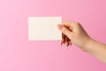 Woman hand showing blank business card on pink background. Royalty Free Stock Photo