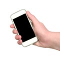 Woman hand showing smart phone with isolated screen