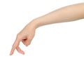 Woman hand shows finger walking, on white background