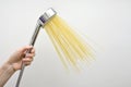 Woman Hand With Silver Shower and Pasta Spaghetti like Water Jet