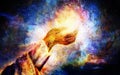 Woman hand with spiritual mystic light, painting collage. Cosmic space. Royalty Free Stock Photo