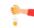 woman hand squeeze fresh orange juice into glass vector