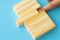 Woman hand stacked wooden blocks with space for text Royalty Free Stock Photo
