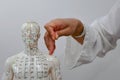 A woman hand sticking an acupuncture needle into a human dummy, practicing acupuncture