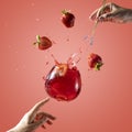 Woman hand support fly glass of strawberry drink with splash, juice strawberries falling in glass. Cocktail of strawberry and Royalty Free Stock Photo