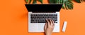 palm digital laptop office business orange keyboard computer leaf background hand. Generative AI.