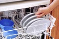 Woman hand take plate from dishwasher