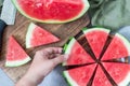 Woman hand take a slice of fresh seedless watermelon cut into triangle shape laying on wooden plate, flat lay, horizontal Royalty Free Stock Photo