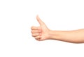 Woman hand with thumb up isolate on white background