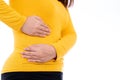 Woman hand touching stomach, waist, or liver position isolated white background. Health care and medical concept Royalty Free Stock Photo