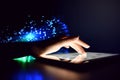 Woman Hand Touching Tablet Screen Browsing Internet On Blurry Fiber Optic Bokeh Background Technology Concept Close Up Royalty Free Stock Photo