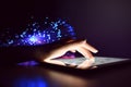 Woman Hand Touching Tablet Screen Browsing Internet On Blurry Fiber Optic Bokeh Background Technology Concept Close Up Royalty Free Stock Photo