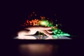 Woman Hand Touching Tablet Screen Browsing Internet On Blurry Fiber Optic Bokeh Background Technology Concept Close Up Royalty Free Stock Photo