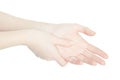 Woman hand touching with thumb the painful palm on white