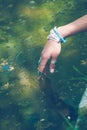 Woman hand touching water with boho style rings and bracelets en