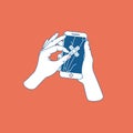 Woman hand trying to repair cracked smartphone. Phone with broken screen. Phone repair service. Vector illustration