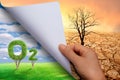Woman hand turning pages of paper. O2 icon metaphor climate change solution. global warming, Sustainable development and green