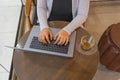 High angle view photo of woman hand typing laptop keyboard Royalty Free Stock Photo