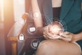 Woman hand using fingerprint indentification to access personal financial data