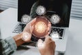 Woman hand using fingerprint indentification to access personal financial data