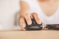 Woman hand using mouse working on computer laptop in office Royalty Free Stock Photo