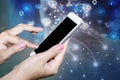 Woman hand using smart phone with technology global media networking background