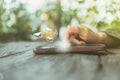 Woman hand using smartphone to send and recieve email. Royalty Free Stock Photo